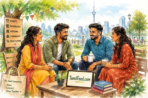 Four young Tamil adults (two couples) happily meeting in a colourful sketch-style park in Canada, chatting over coffee with the Toronto skyline in the background. The illustration represents friendship, community, and making new connections, with a subtle TamilFeed.com sign on the table.