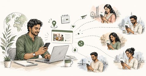amil event organizer promoting a community event online to people worldwide through digital platforms.