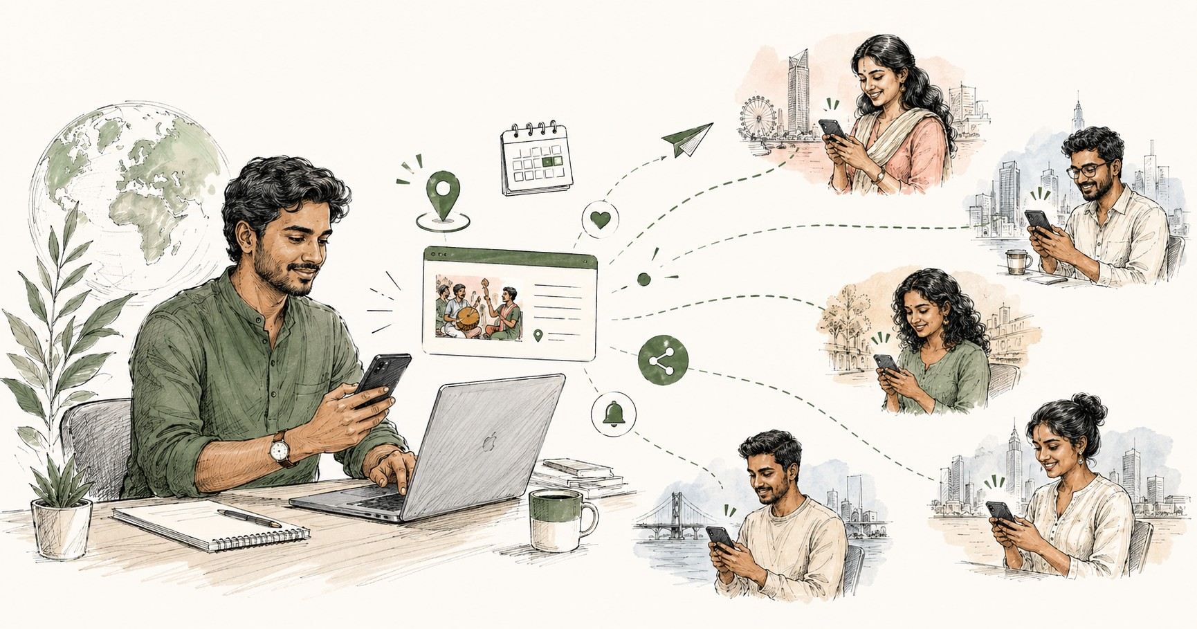 amil event organizer promoting a community event online to people worldwide through digital platforms.