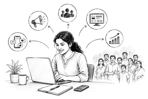 Business owner promoting services to the Tamil community using online marketing, social media, and Tamil business directory