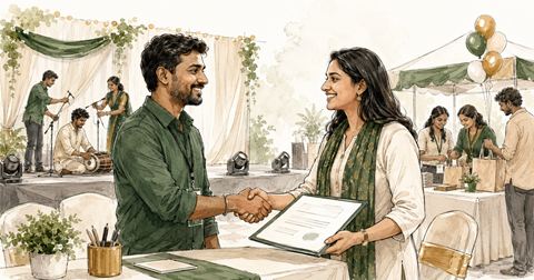 Modern sketch-style illustration of Tamil community event organizers meeting with local business sponsors, representing partnership, funding and community support.