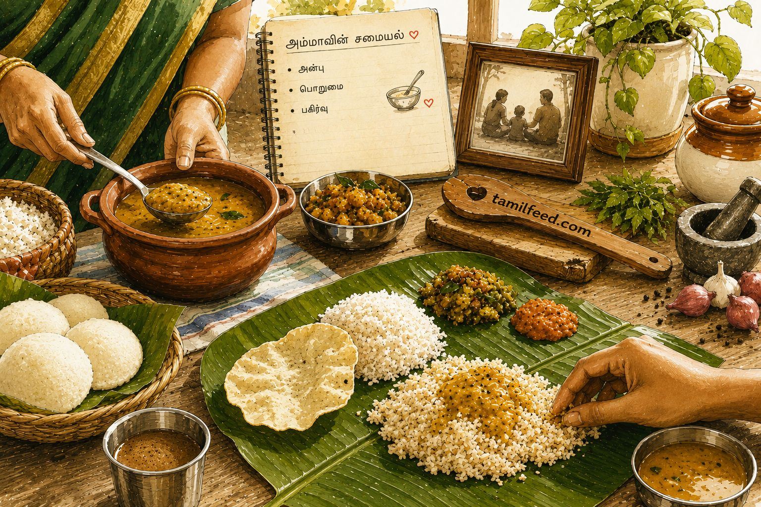 Traditional Tamil family meal with homemade dishes on banana leaves in a warm sketch-style kitchen illustration.