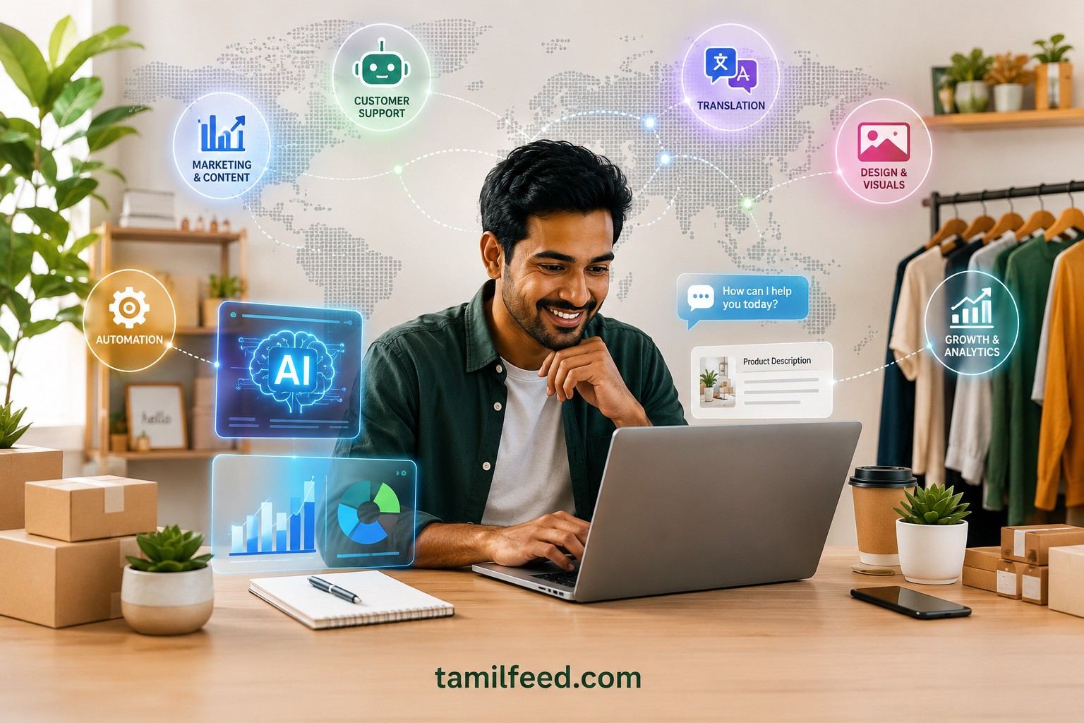 Small business owner using AI for marketing, customer support, content creation, and business growth in a modern global digital workspace.