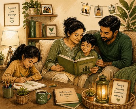 Warm sketch illustration of parents reading to their children while spending quality family time at home.