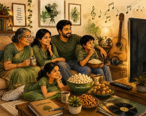 Warm family movie night illustration celebrating Tamil cinema, music, and togetherness in a cozy home.