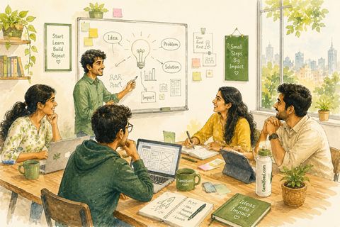 Creative sketch illustration of young entrepreneurs collaborating on a startup idea in a bright modern office.