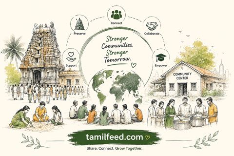 Hand-drawn sketch showing Tamil temples, volunteers, families, and community organizations connecting Tamils around the world.