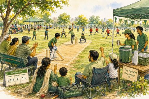Hand-drawn illustration of a Tamil community sports day featuring children playing cricket and football, families cheering from the sidelines, and volunteers supporting the event.