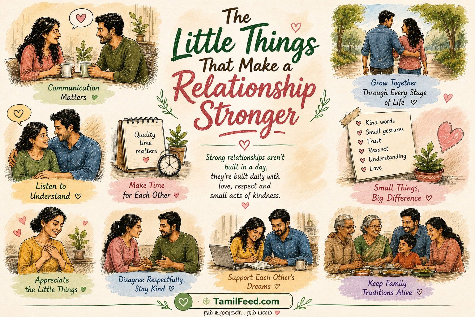 Sketch illustration showing healthy relationships through love, communication, trust, family, and shared everyday moments.