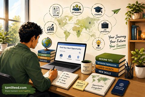 Modern sketch illustration of job search, resume building and career development for professionals worldwide