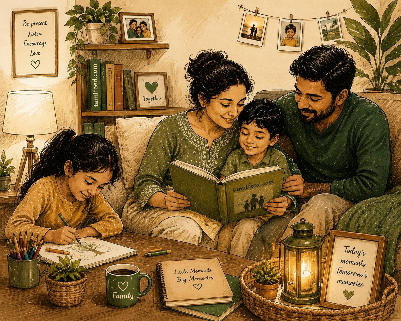 Warm sketch illustration of parents reading to their children while spending quality family time at home.