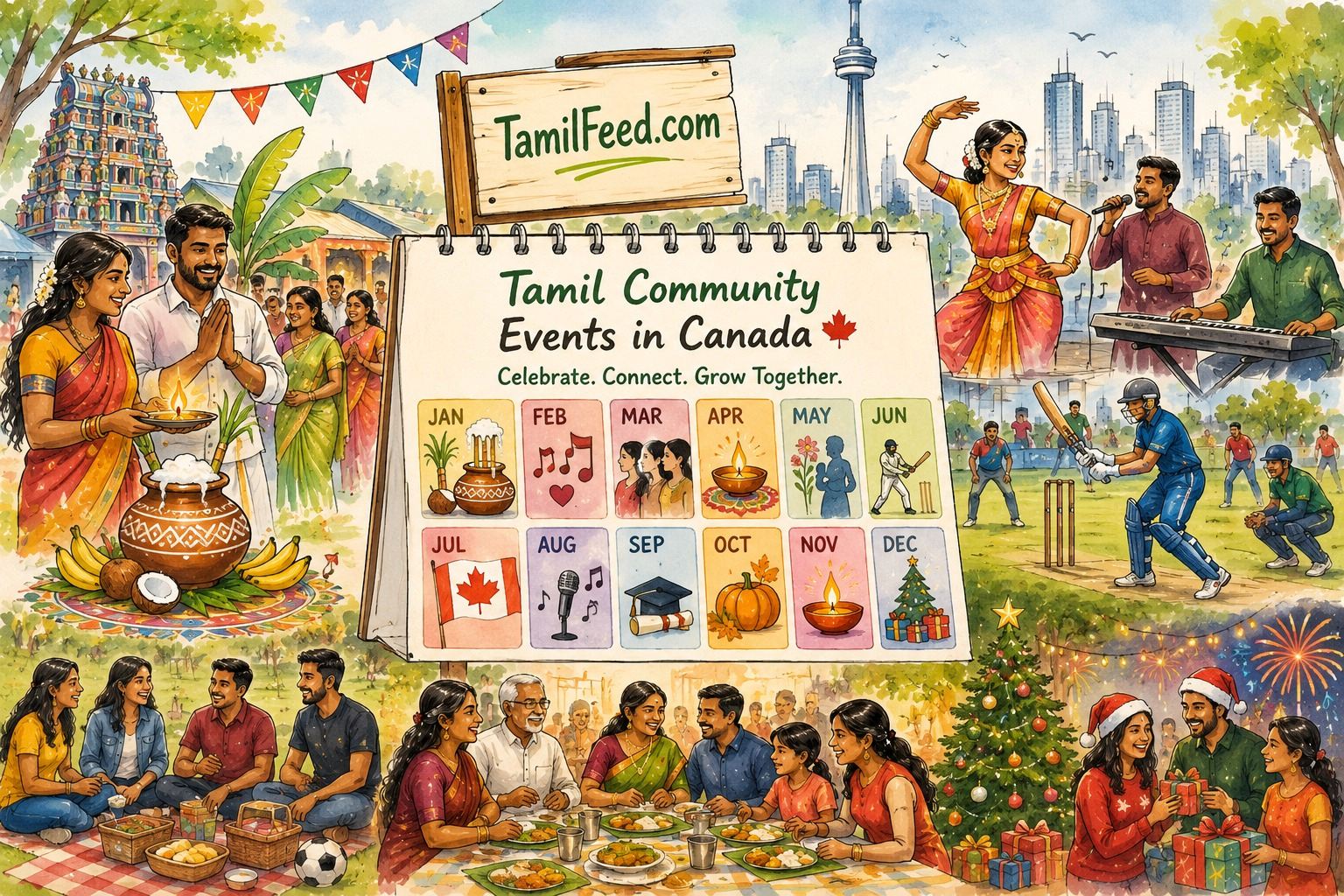 Colourful hand-drawn sketch illustration of Tamil community celebrations in Canada throughout the year, featuring families enjoying cultural festivals, temple events, music performances, cricket, picnics, and holiday gatherings with subtle TamilFeed.com branding.