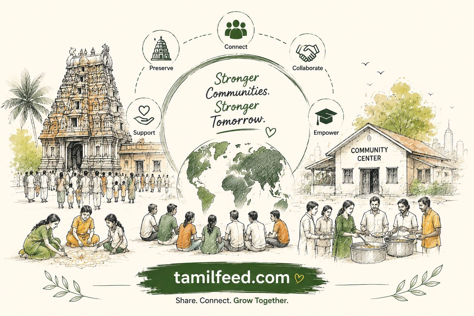 Hand-drawn sketch showing Tamil temples, volunteers, families, and community organizations connecting Tamils around the world.