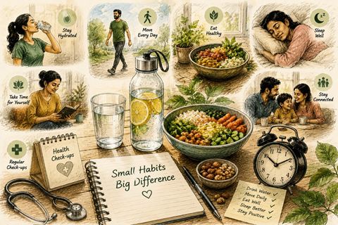 Creative wellness illustration featuring daily healthy habits for better physical and mental wellbeing.