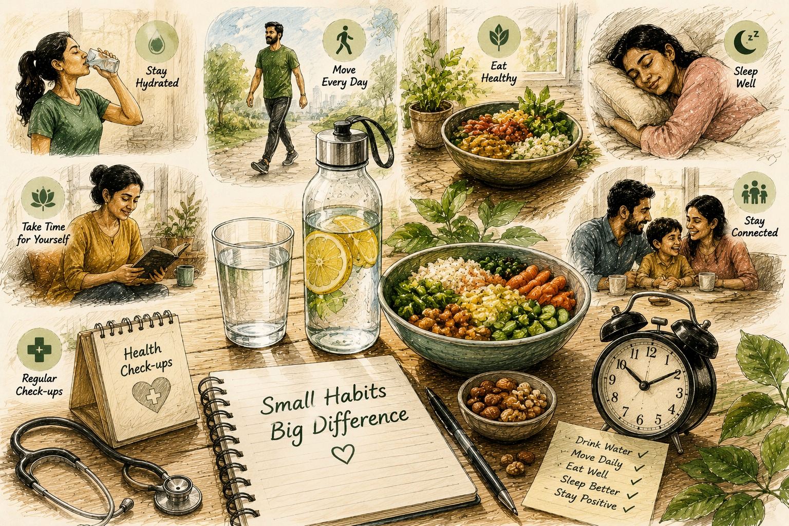 Creative wellness illustration featuring daily healthy habits for better physical and mental wellbeing.