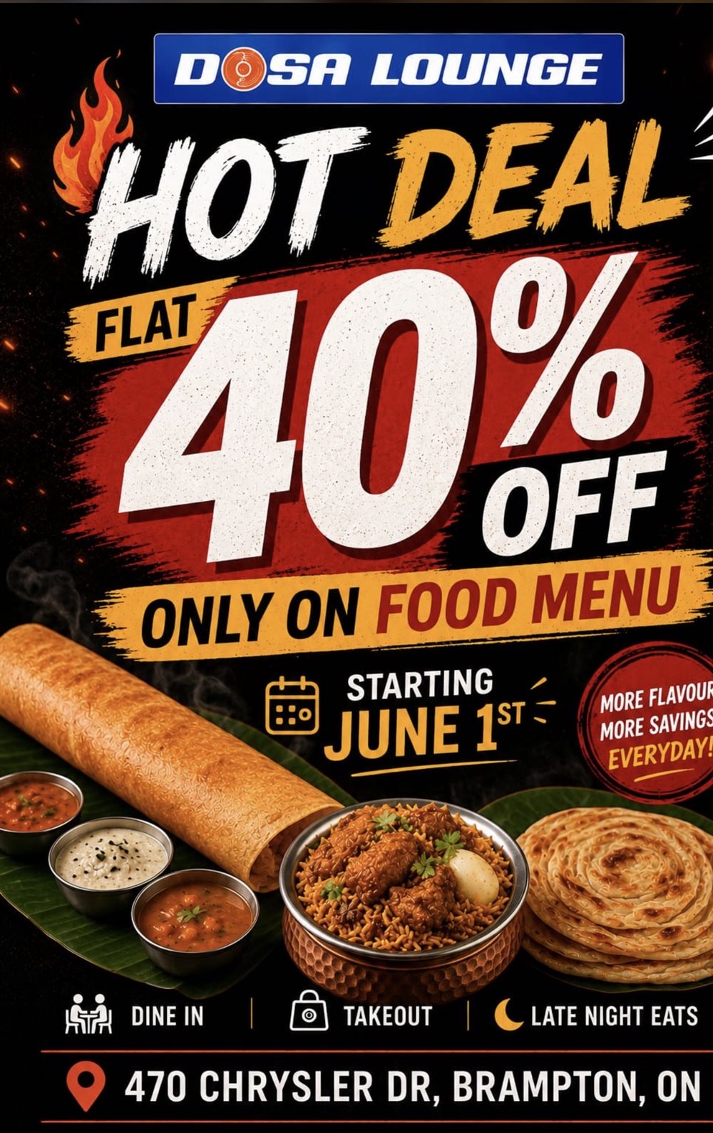 Flat 40% OFF Entire Food Menu at Dosa Lounge Brampton! photo 1