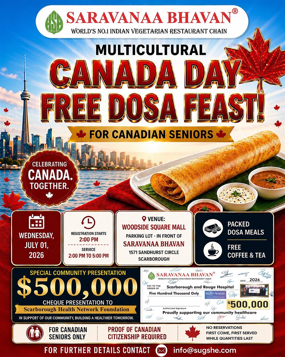 Saravanaa Bhavan Canada Day Free Dosa Feast for Canadian Seniors – July 1, 2026 in Scarborough photo 1