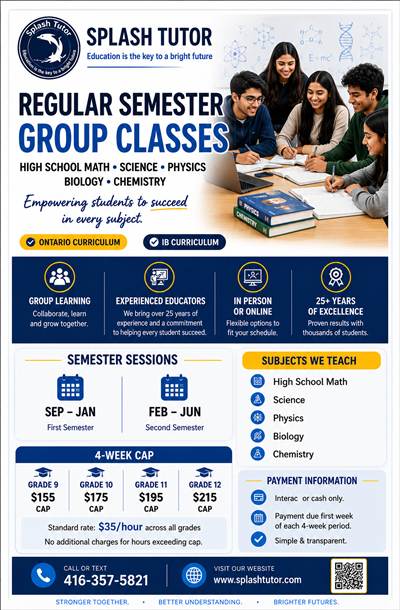 High school Math, Science, Physics, Biology, Chemistry tutoring