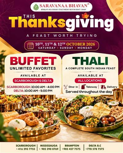 Saravanaa Bhavan Thanksgiving Buffet & Thali | Oct 10–12, 2026